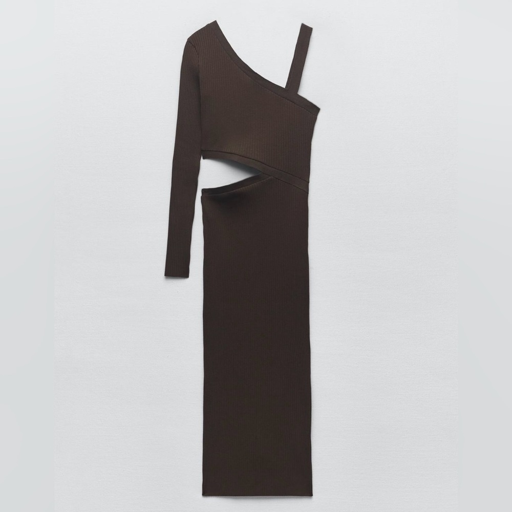 ZAR Brown One-Shoulder Ribbed Midi Dress